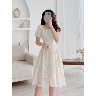 Đầm tay ngắn hoa thêu kèm dây cột nơ eo