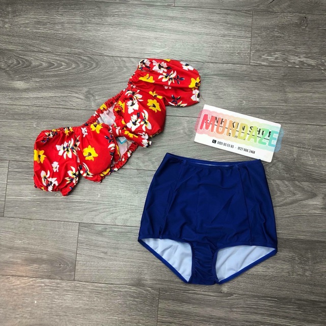 Bikini trễ vai hoa quần cạp cao (có sẵn)_1727
