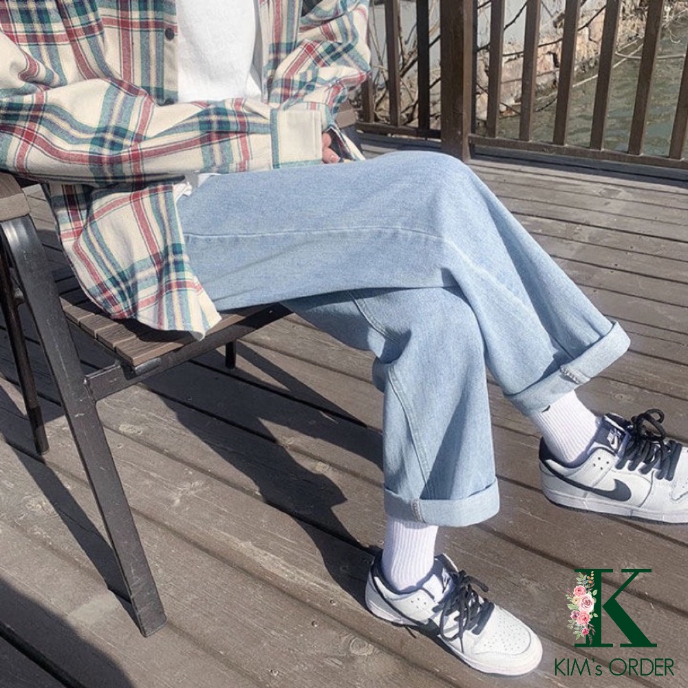 Quần jean nữ màu xanh bạc ống suông dáng rộng cạp lưng cao Ulzzang Hàn quốc chất liệu cao cấp co dãn đủ size cá tính