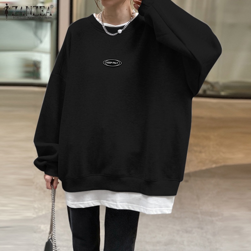 Áo sweater ZANZEA màu trơn dáng rộng cổ chữ O phong cách giản dị thời trang đường phố cho nữ