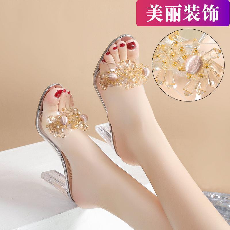 Dép Cao Gót Hở Ngón Đính Đá Pha Lê Trong Suốt Thời Trang Mùa Hè Quyến Rũ Cho Nữ