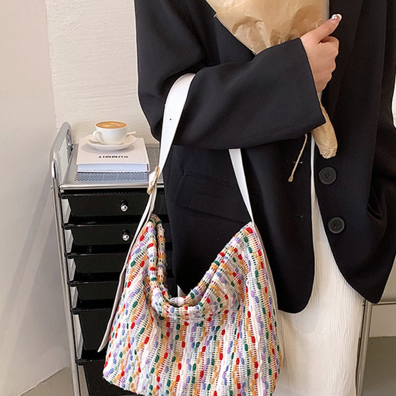 Túi Đeo Vai Vải Len Màu Cầu Vồng Cỡ Lớn Dễ Phối Đồ Cho Nữ