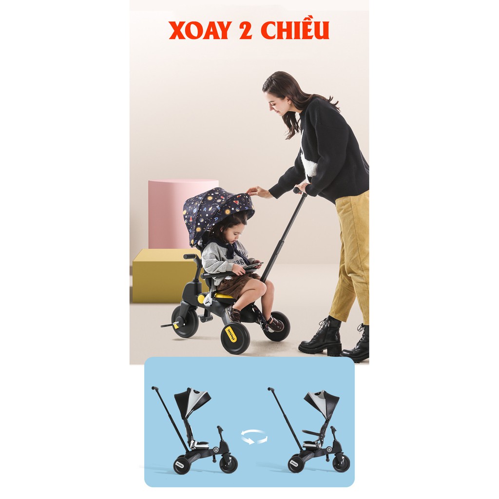 Xe đẩy em bé 3 bánh kiêm xe đạp 6in1, gấp gọn, dành cho bé từ 1 - 5 tuổi Playkids