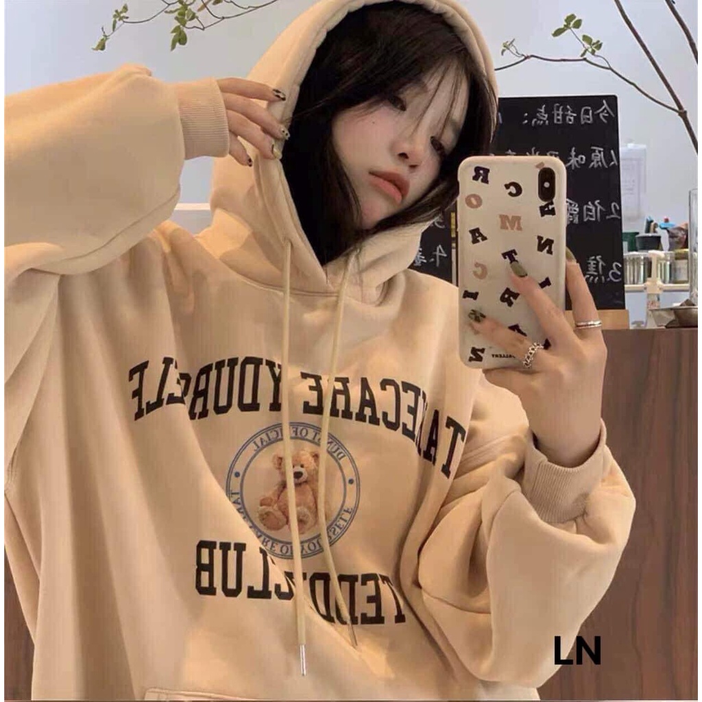 Áo hoodie gấu teddy  Áo hoodie nam nữ nỉ cotton form rộng i tay bồng  Áo mũ 2 lớp sỉ 60k