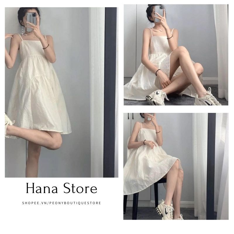 Váy Hai Dây Dáng Xòe Đũi Nhăn Basic ❤️ Hana Store - Freeship ❤️ Đầm tiểu thư bánh bèo 2s dáng suông màu trắng ❤️