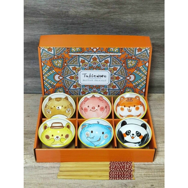 Bộ 6 chén ăn cao cấp bằng sứ decor bàn ăn kèm đũa