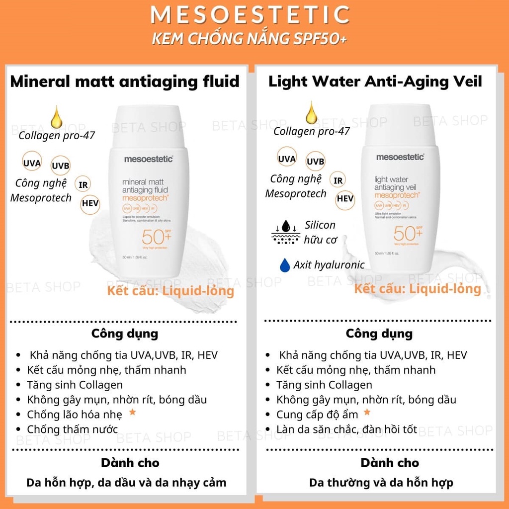 Kem chống nắng Meso Mineral Matt / Light Water Anti-Aging Veil Mesoprotech SPF 50+ / Melan 130+