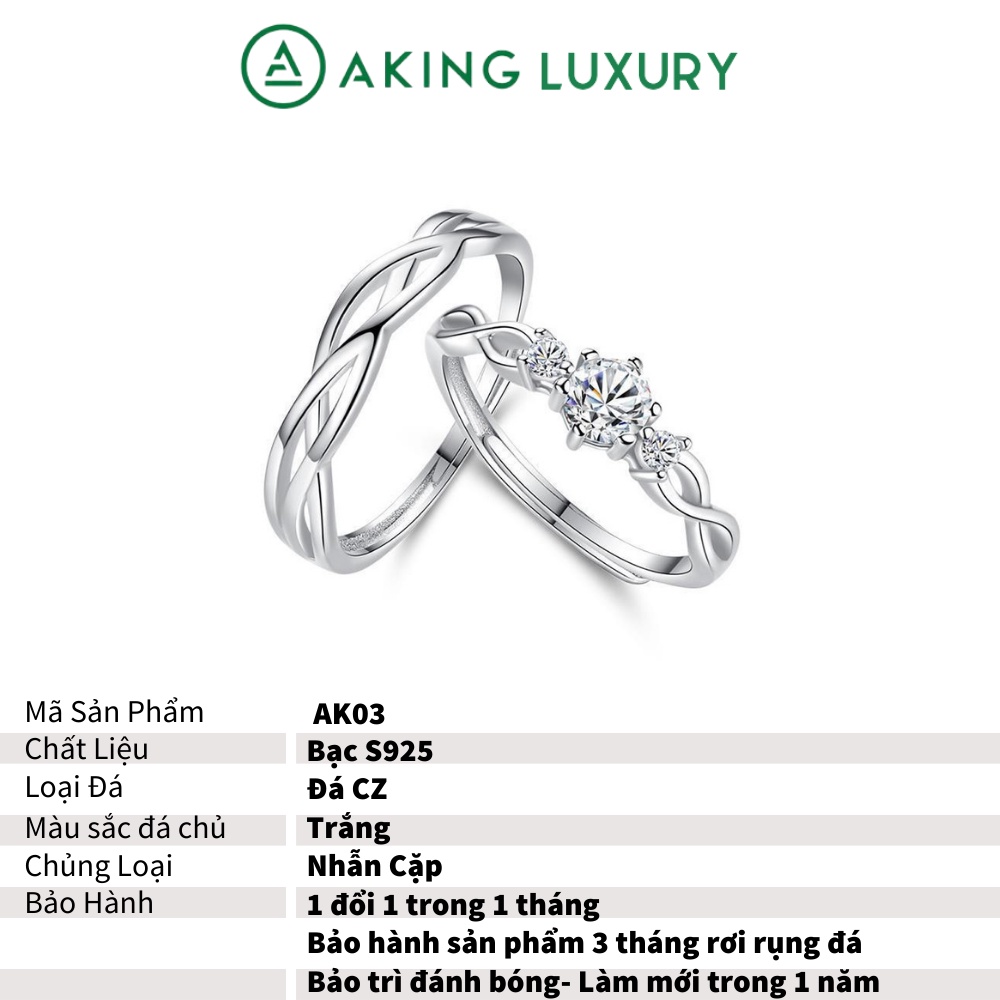 Nhẫn đôi AKING LUXURY AK03 cao cấp, nhẫn bạc nam trơn uốn lượn, nhẫn bạc nữ điểm xuyến đá tinh tế, mới nhất 2021