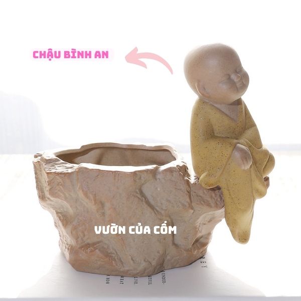 Chậu sứ trồng cây để bàn kèm tượng phật bình an , kíck thước 16 x 16 cm , hốc trồng cây 8 cm
