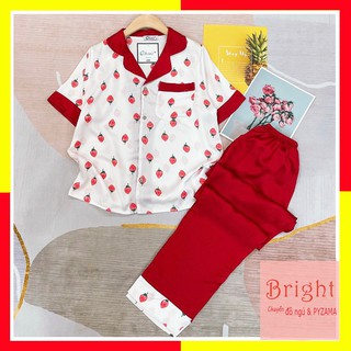 Set bộ PIZAMA Trái Dâu Quần Dài Tay Cộc Lụa Satin cao cấp