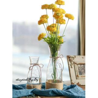 Bộ 2 bình hoa thủy tinh eo lớn, bình bông, lọ hoa - tặng kèm dây cói thắt nơ