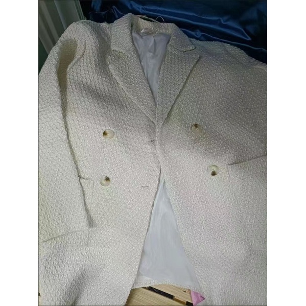 Áo khoác dạ tweed suông cổ vest dáng dài trắng đen