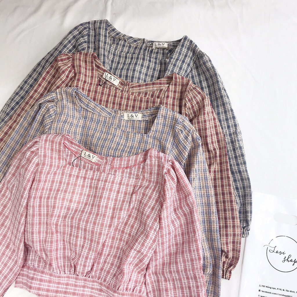 LOVI SHOP- Set  Áo croptop caro nơ lưng tay dài nhiều màu xinh + quần short trắng