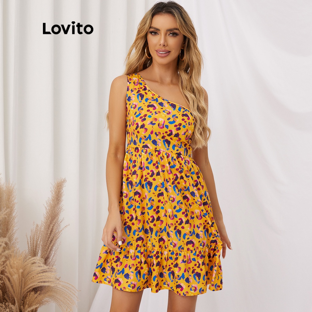 110QL Đầm LOVITO hở vai thiết kế bất đối xứng họa tiết da báo L17E003 (Màu vàng)