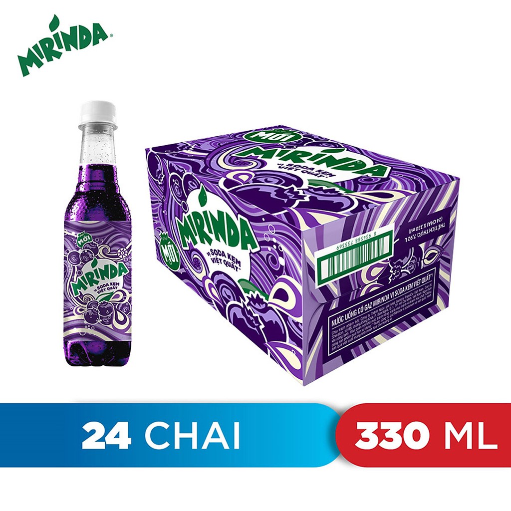 Thùng 24 Chai Nước Ngọt Có Gaz Mirinda Soda Kem Việt Quất (330ml/chai)