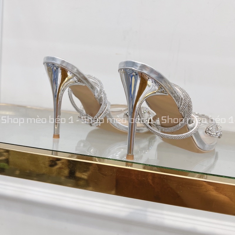 Sandal cao gót mica mũi nhọn viền nơ đá chéo gót nhọn fullbox hàng quảng châu cao cấp