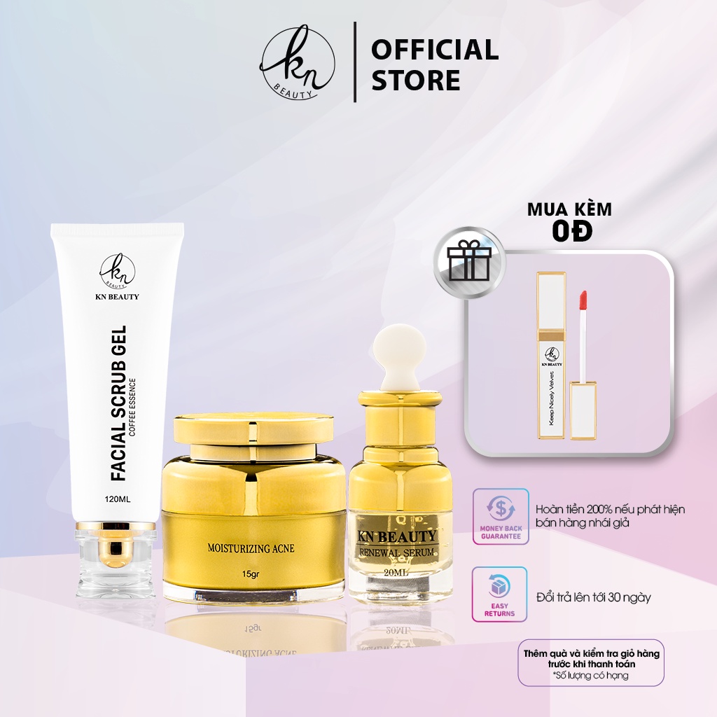 Combo 3 bước Ngừa mụn Trắng Da KN Beauty: Gel tẩy tế bào chết + serum + kem dưỡng ( tặng son + gel rửa tay)