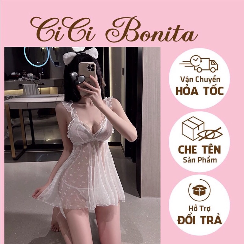 Váy ngủ xuyên thấu/ Đầm 2 dây bèo cổ V xếp ly họa tiết chấm bi nhẹ nhàng quyến rũ CV58 CICI BONITA HCM