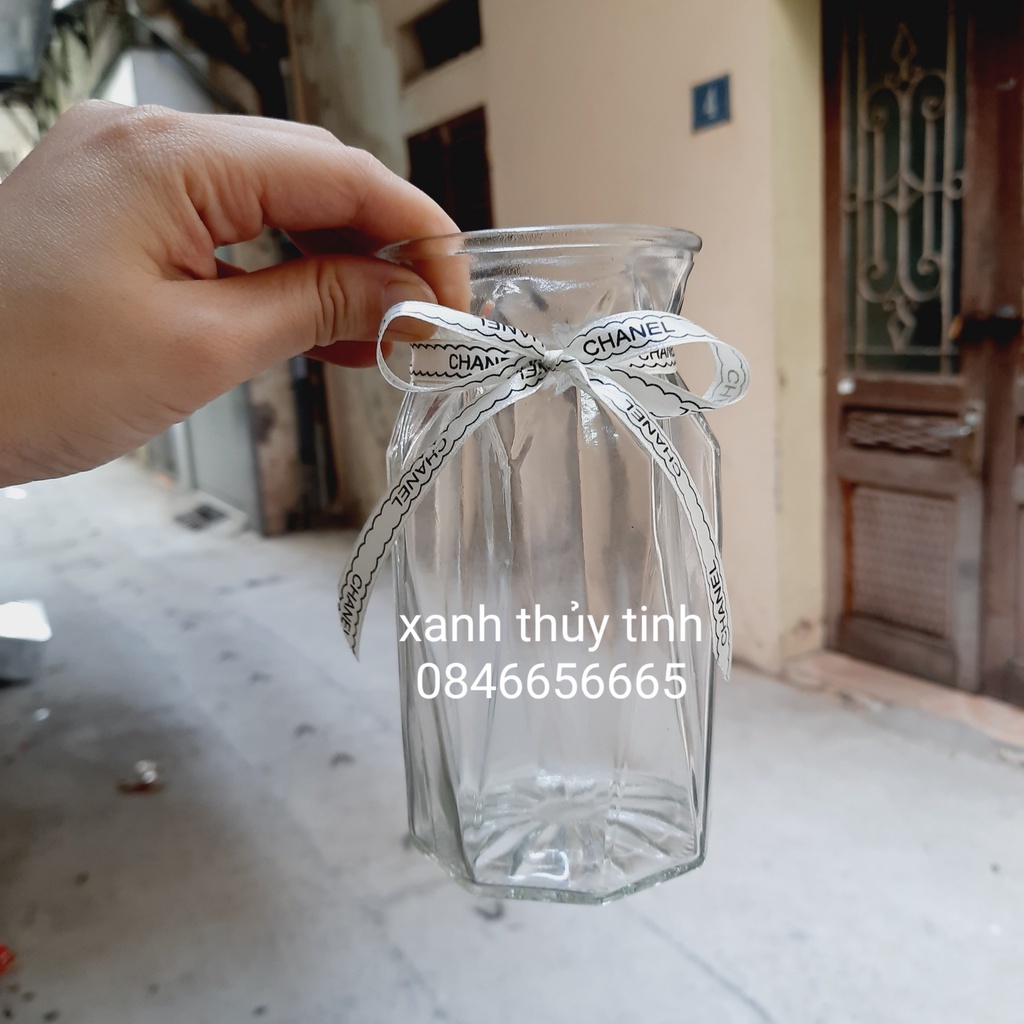 Lọ hoa thủy tinh đa giác, lọ nhỏ 15cm, màu trắng trong - phong cách vintage