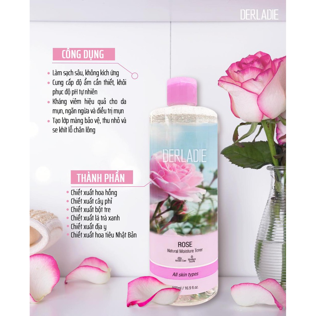 Nước Cân Bằng Da Derladie Rose Natural Moisture Toner (500ml) Tặng Bông Tẩy Trang Ceiba Xanh Lá (80 miếng)