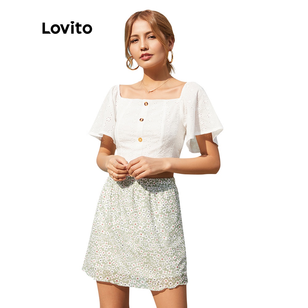 Áo kiểu Lovito tay áo loe gài khuy thiết kế cắt xẻ màu trơn phong cách thường ngày L14D018 (Màu trắng) | BigBuy360 - bigbuy360.vn