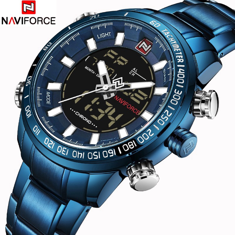 NAVIFORCE NF9093 Men Sport Fashion Stainless Steel Band Analog Digital Watch
