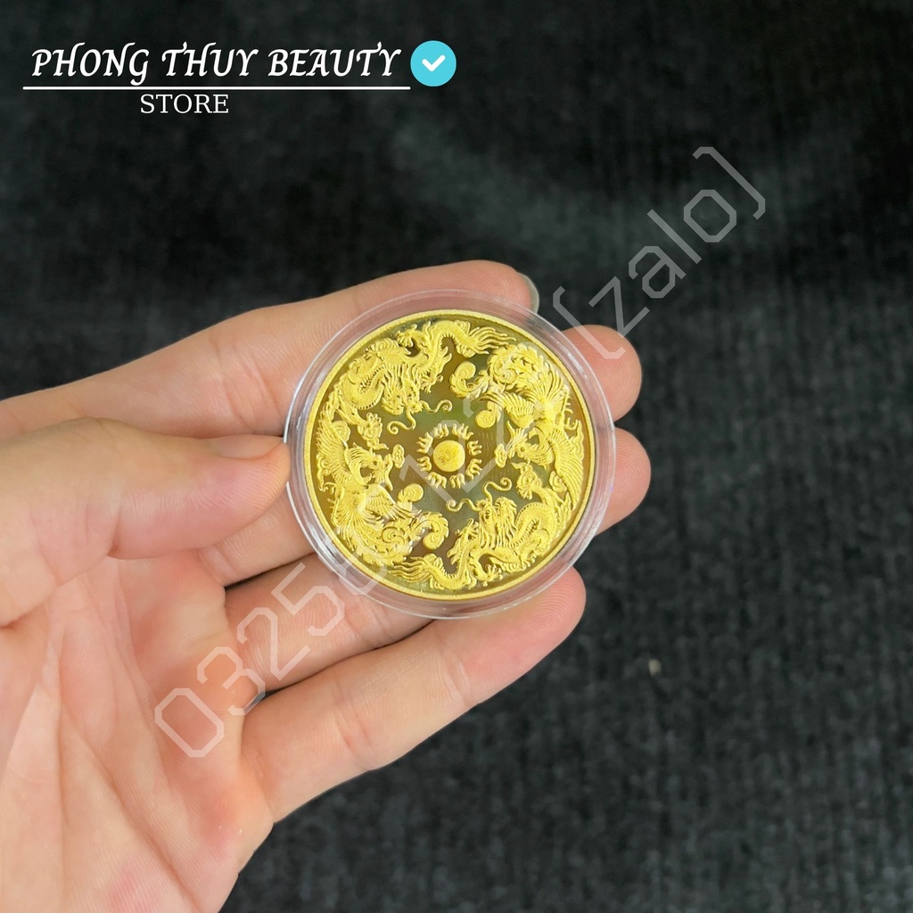 Đồng Tiền Xu Long Phụng Mạ Vàng Phong Thủy May Mắn