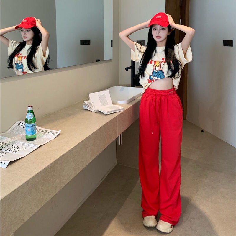 Set Áo Thun Tay Ngắn In Họa Tiết + Quần Ống Rộng Năng Động Hợp Thời Trang