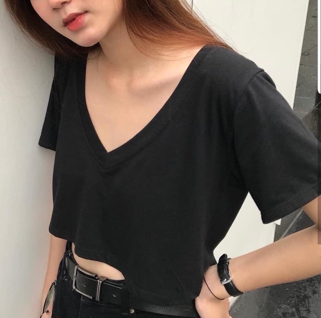 Áo Croptop Cổ Tim Form Rộng Tay Ngắn - Chất Borip