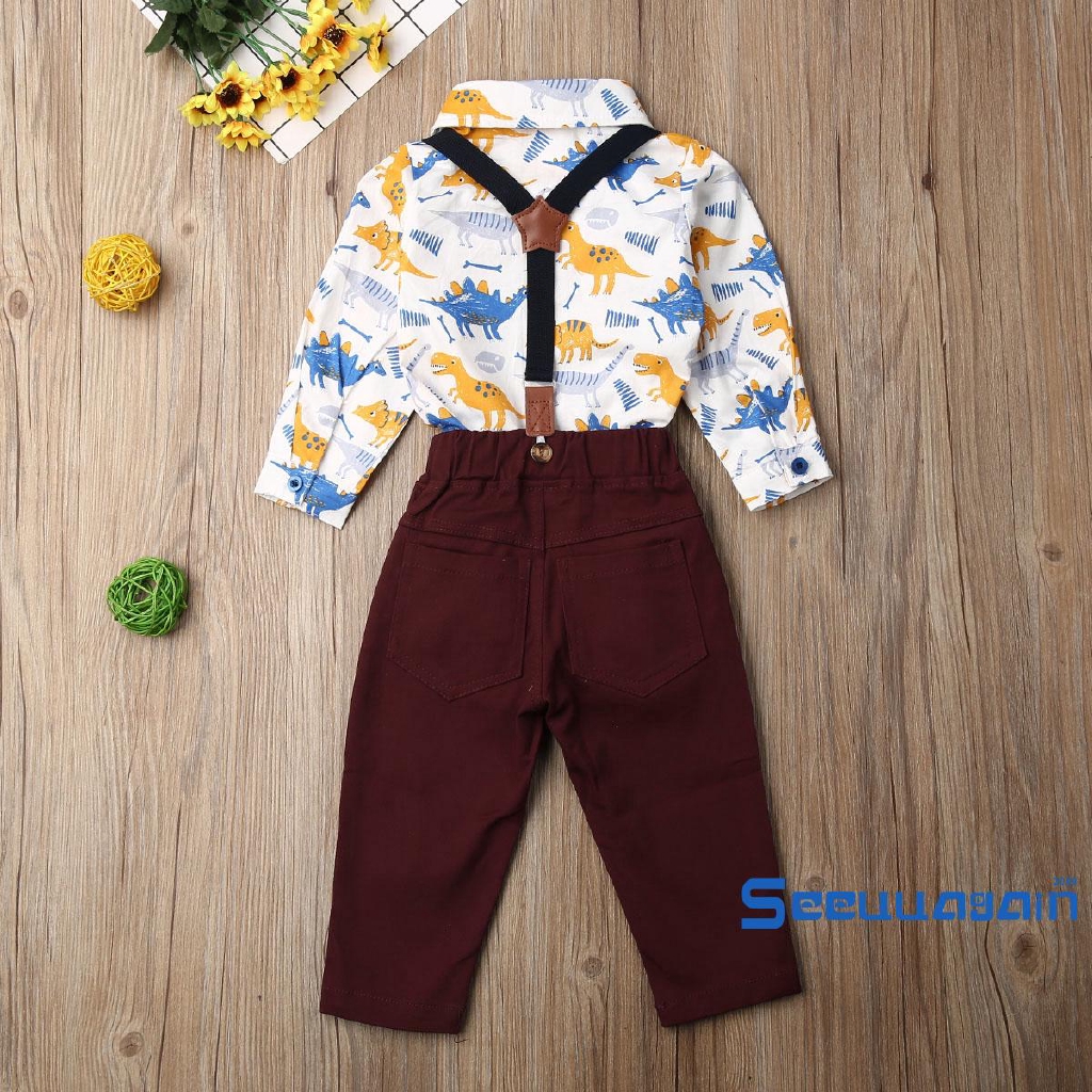 ❥☀✿SEEBaby Boy Cartoon Dinosaur Print Bowtie Romper and Strap Trousers Set Infant Long Sleeve Jumpsuit Bib Pants Two