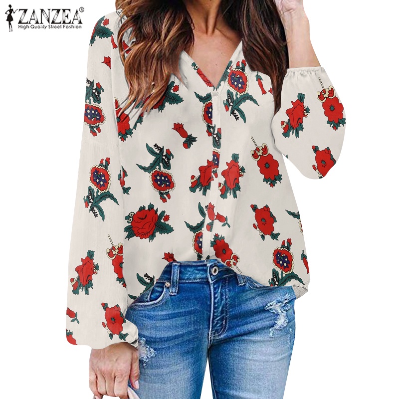 Zanzea Áo Kiểu Tay Dài Cổ Chữ V In Họa Tiết Hoa Thanh Lịch Dành Cho Nữ
