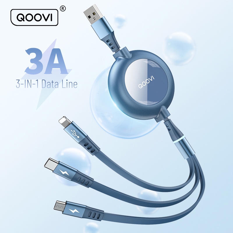 Dây cáp sạc nhanh QOOVI 3 trong 1 USB Micro USB Type C iOS 3A thu gọn được thích hợp cho iPhone 7 8 11 12