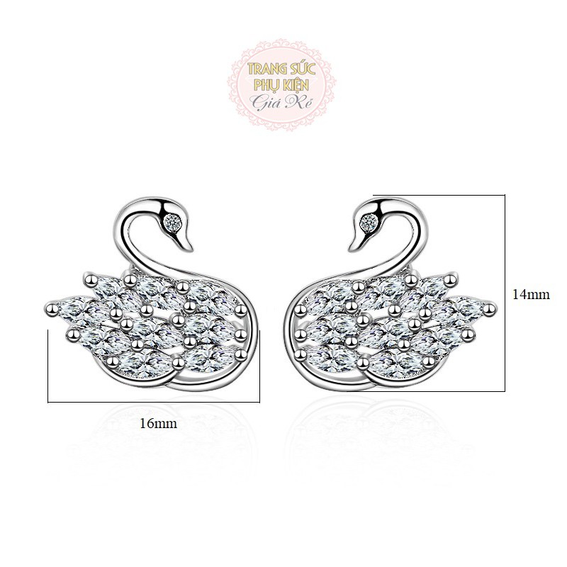 Bông tai thời trang HT168 hình thiên nga, đá sáng bạc Ý S925