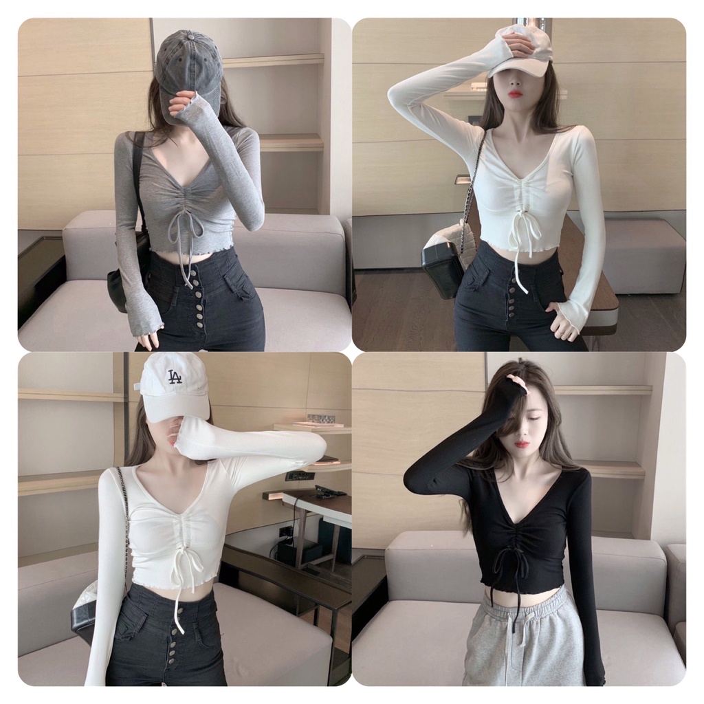Áo thun body cổ tim dài tay, áo body dài tay rút giữa chất bozzip