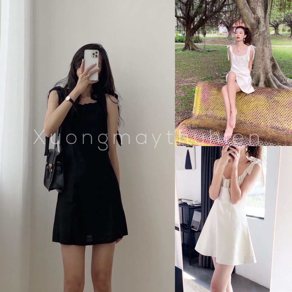 Váy 2 dây buộc nơ rúm ngực dáng suông ulzzang/ Đầm xòe nữ hở lưng thời trang hàn quốc_xuongmaythuhien