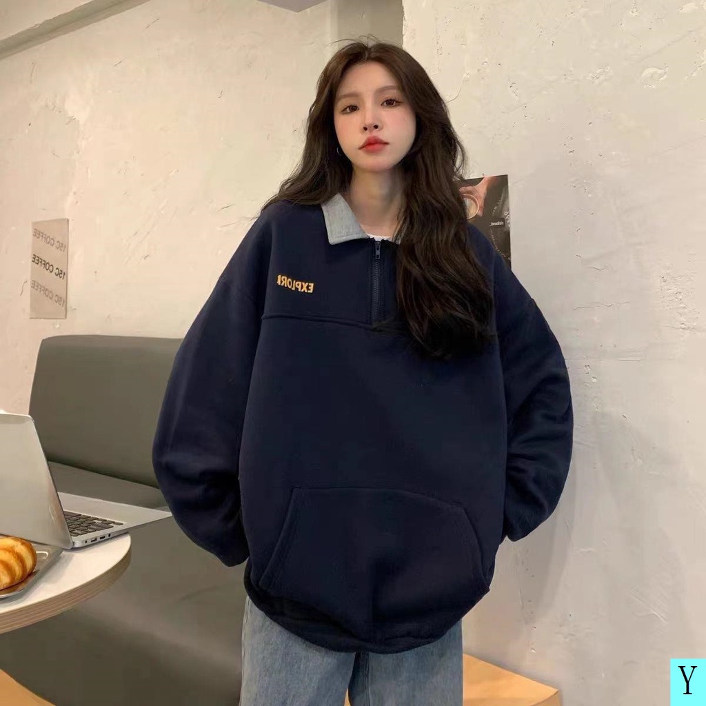 Áo Sweater Nhung Dày Dặn Cổ POLO Có Khóa Kéo Phong Cách Hàn Quốc Thời Trang Thu Đông Mới Cho Nữ