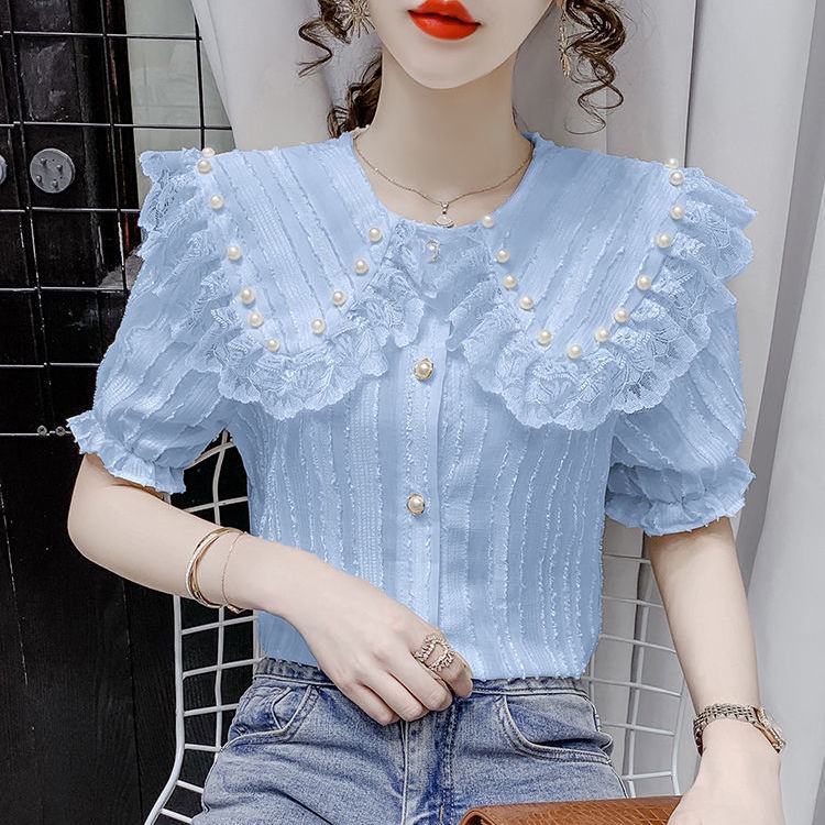 Áo Sơ Mi Tay Ngắn Cổ Búp Bê Phối Ren Đính Hạt Dáng Rộng Thời Trang Mùa Hè Dành Cho Bạn Nữ 2021