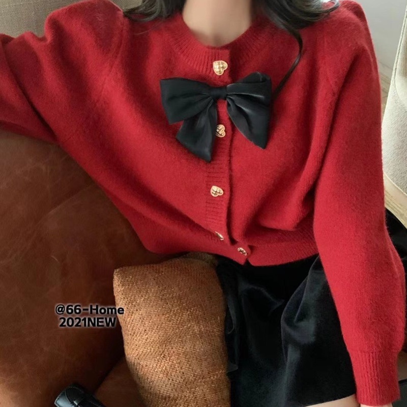 Áo Dệt Kim Thắt Nơ Màu Xanh Dương Tinh Tế Phong Cách Retro Nhẹ Nhàng Mới