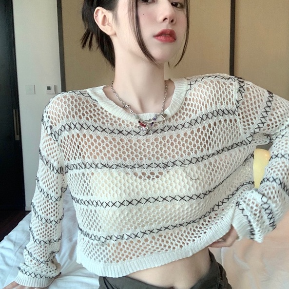 Áo kiểu ZHELIHANGFEI vải dệt kim tay dài chống nắng lưng cao hở eo họa tiết kẻ sọc ngang