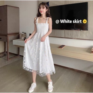 [Ảnh thật shop chụp + sẵn Trắng] Váy hai dây hoa cúc dáng dài chun ngực vải mềm mại hoa rõ nét