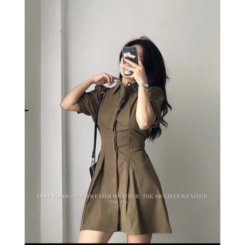 Váy sơmi kaki chun lưng tay bồng