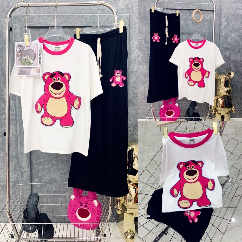 Set áo thun cotton phối viền cổ gấu thêu quần suông hình thật I9