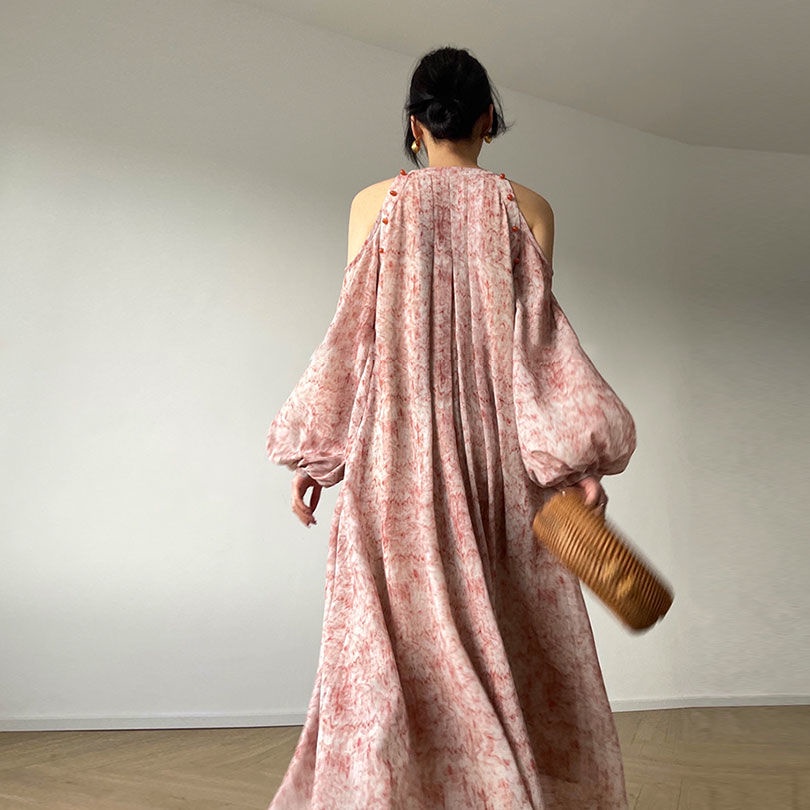 Hàng Có Sẵn Giao Hàng Ngay Ngay Ngay Lập Phương ~ 2022 Váy Dài Hở Vai In Họa Tiết Mực Phong Cách Pháp Mùa Thu