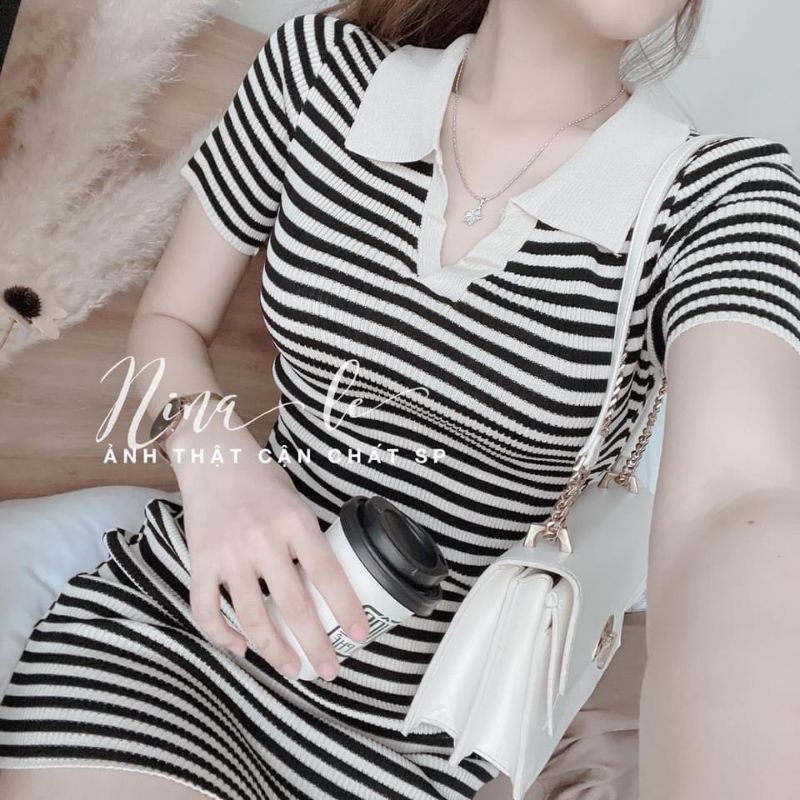 Đầm ôm body cổ polo sọc kẻ ngang ( kèm ảnh thật)