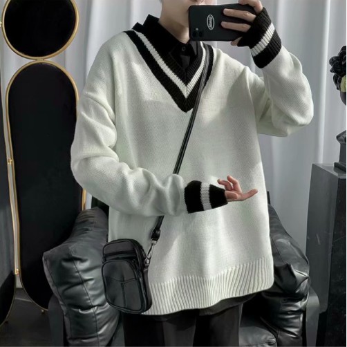 Áo  len cổ chữ v phong cách hàn quốc cho nam áo sweater fashion from rộng màu đặc v cổ áo áo cardigan simple trắng splice trang chủ