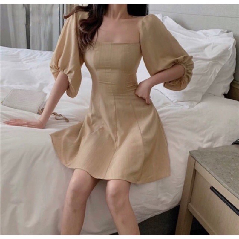 ĐẦM NUDE CỔ VUÔNG TAY BỒNG