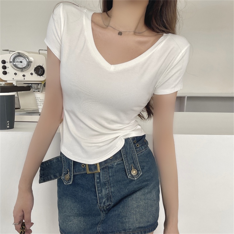 Áo thun SUXI tay ngắn cổ chữ V đơn giản thời trang mùa hè dành cho nữ