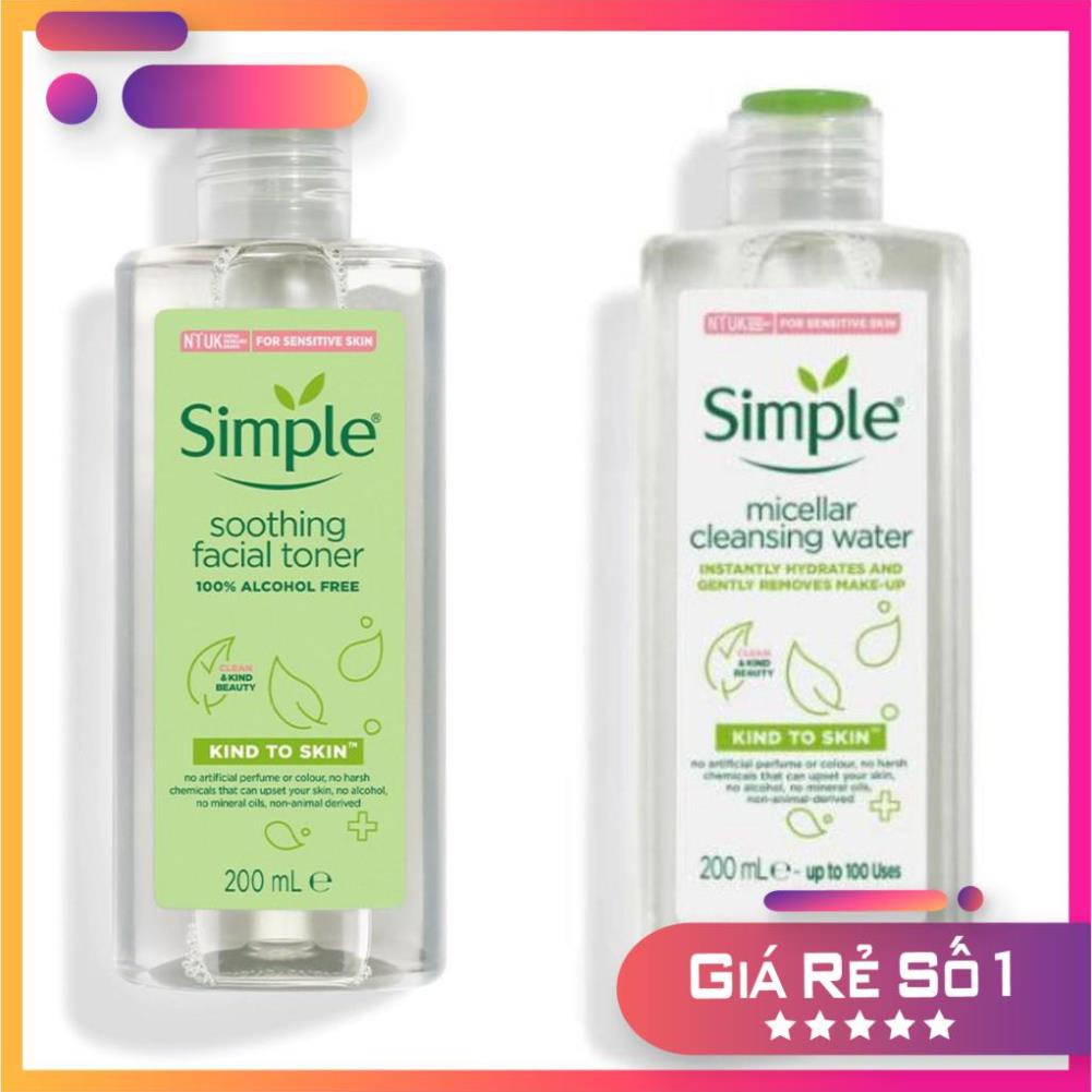 Combo Nước Tẩy Trang Simple 200ml Và Nước Hoa Hồng Simple 200ml)