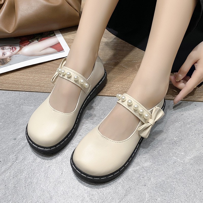 Giày lolita gắn nơ quai ngang đính ngọc siêu xinh - màu đen/kem | BigBuy360 - bigbuy360.vn