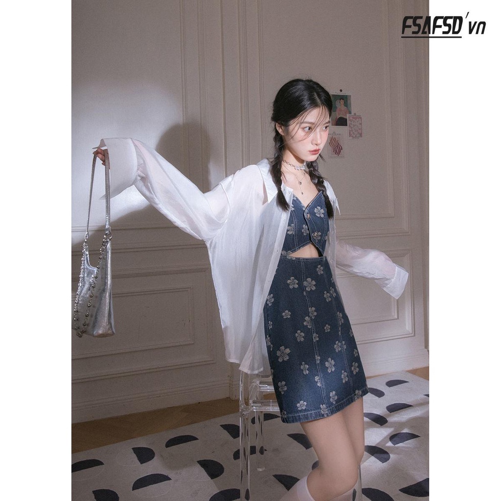 Set Đầm Denim Hai Dây Màu Sắc Trơn Phong Cách Nhật Bản Thời Trang Mùa Hè